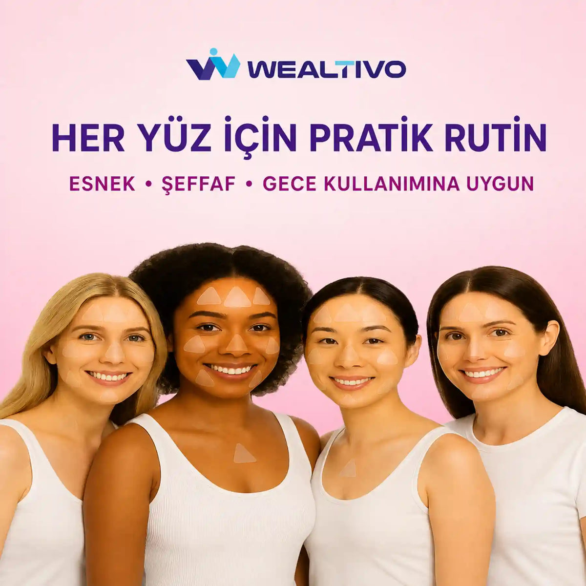 Farklı yüzlerde Wealtivo şeffaf yüz bandı uygulamaları