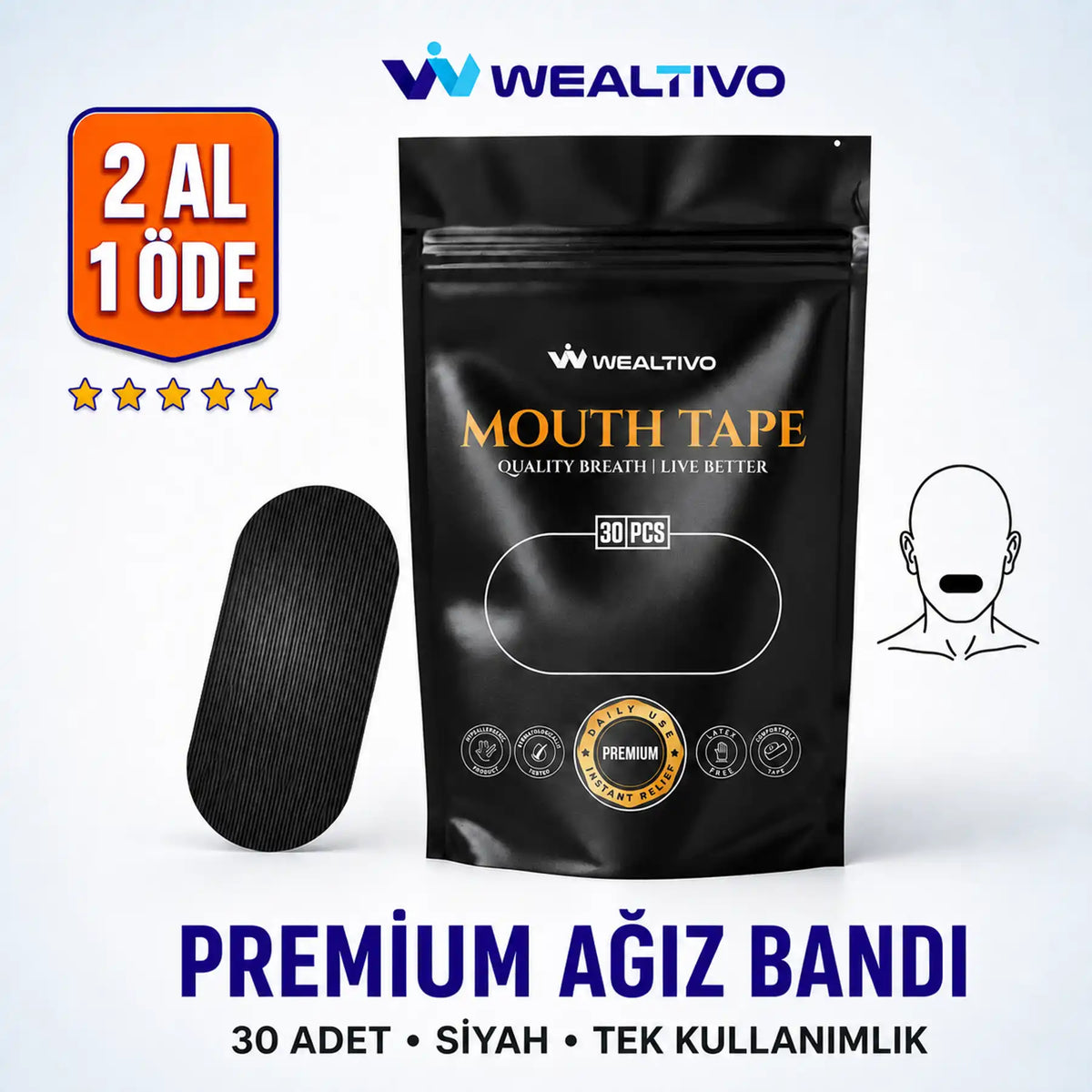Wealtivo Premium Ağız Bandı 30 adetlik paket ve siyah tek kullanımlık bant