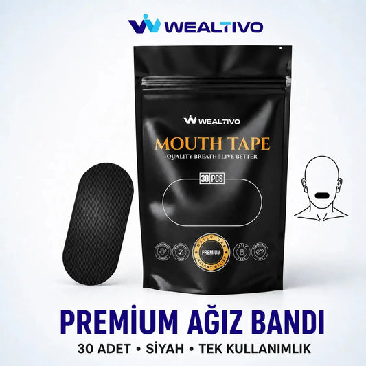 Wealtivo Premium Ağız Bandı paketi ve siyah tek kullanımlık bant, 30 adet